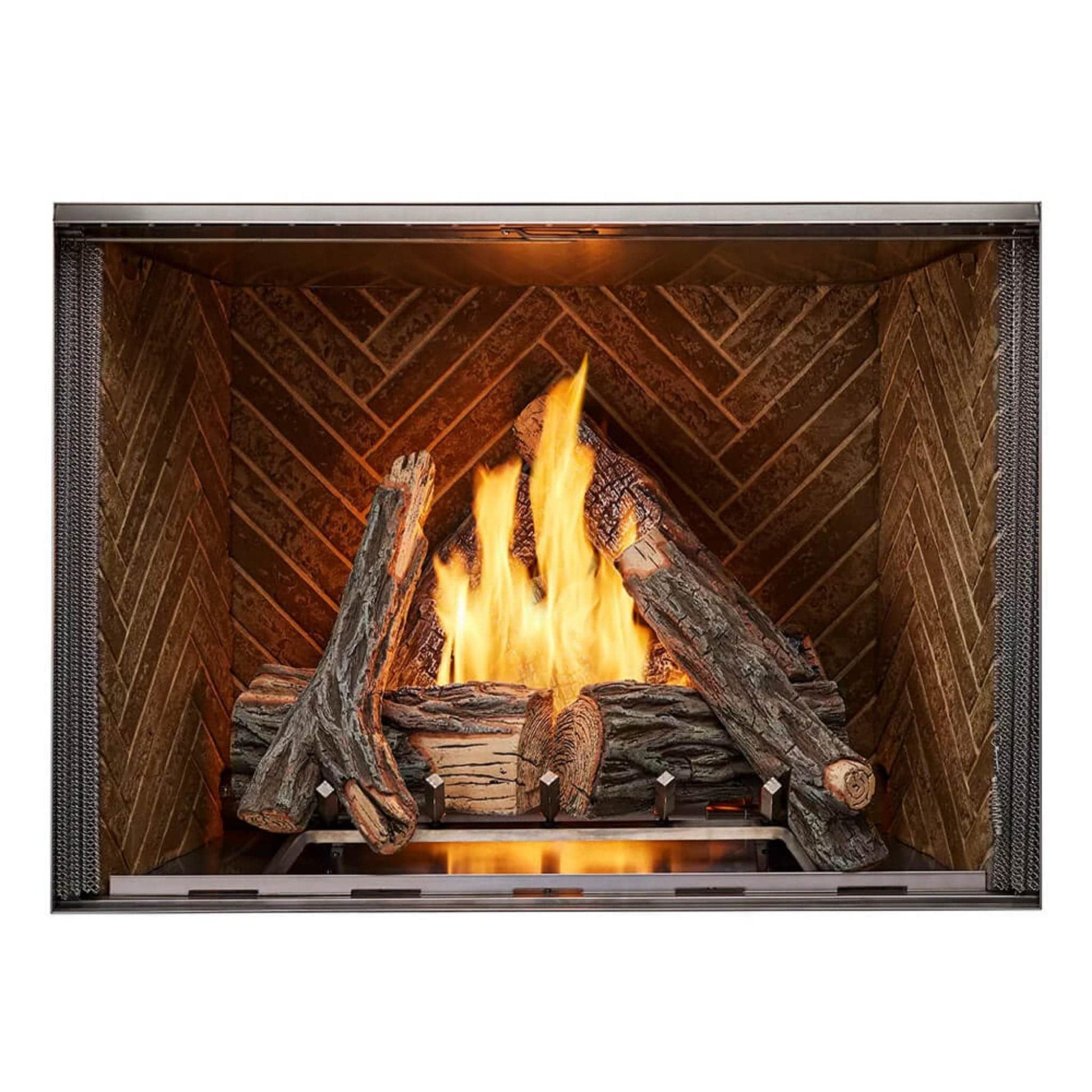Fireplace with logs and flames on a white background