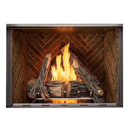 Fireplace with logs and flames on a white background