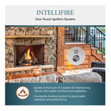 Intellifire one-touch ignition system advertisement with a fireplace and outdoor view.