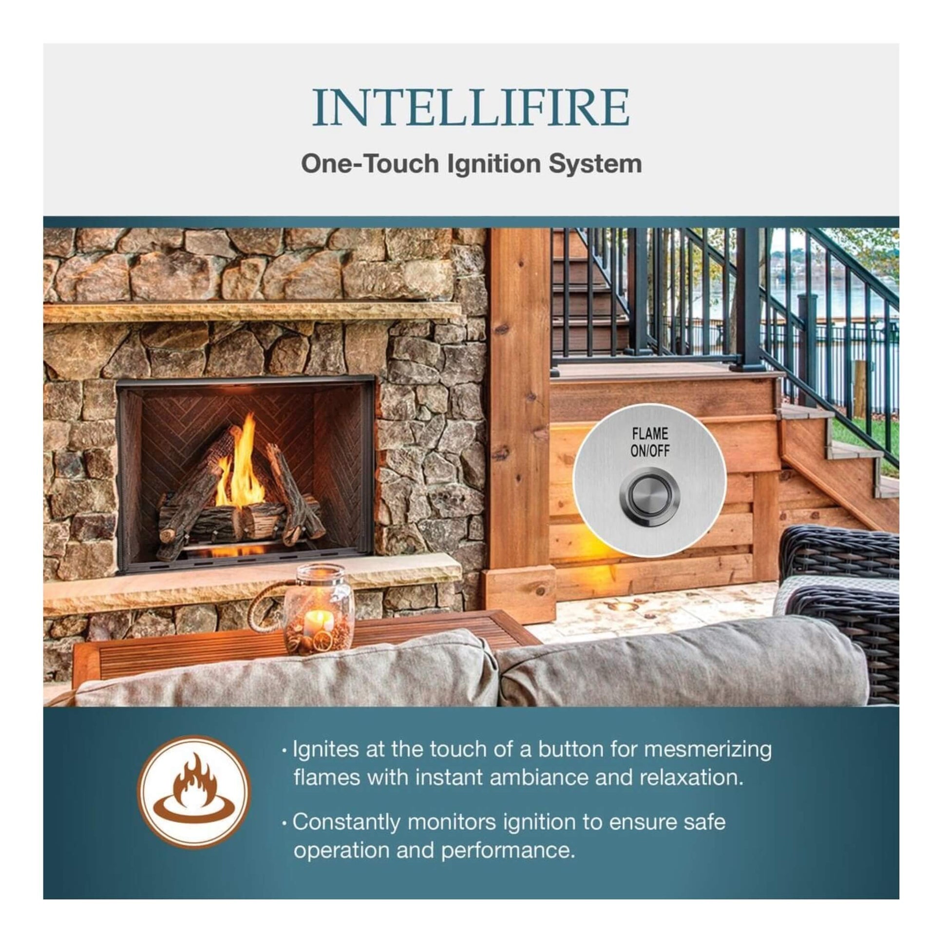 Intellifire one-touch ignition system advertisement with a fireplace and outdoor view.