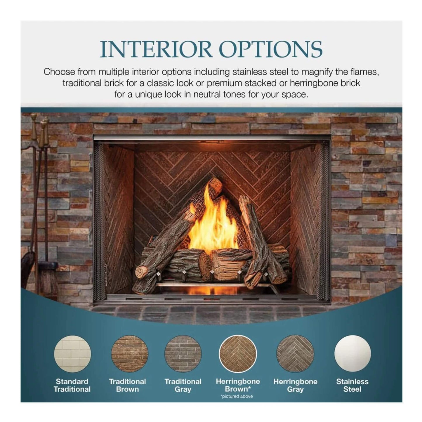 Advertisement for a fireplace with interior option choices on a white background
