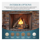 Advertisement for a fireplace with interior option choices on a white background