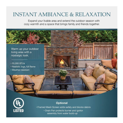 Outdoor living area with fireplace, patio furniture, and UL Listed logo.