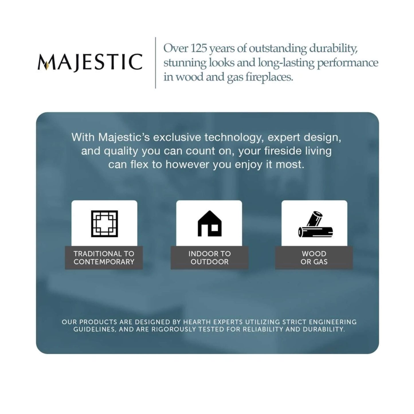 Majestic fireplace advertisement with text and icons on a blue background