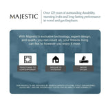 Majestic fireplace advertisement with text and icons on a blue background