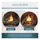 Advertisement for gas log sets with two circular images of fireplaces and text describing the types of logs.