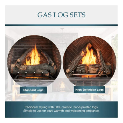 Advertisement for gas log sets with two circular images of fireplaces and text describing the types of logs.