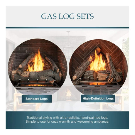 Advertisement for gas log sets with two circular images of fireplaces and text describing the types of logs.