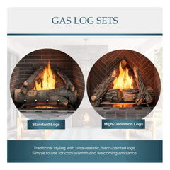 Advertisement for gas log sets with two circular images of fireplaces and text describing the types of logs.