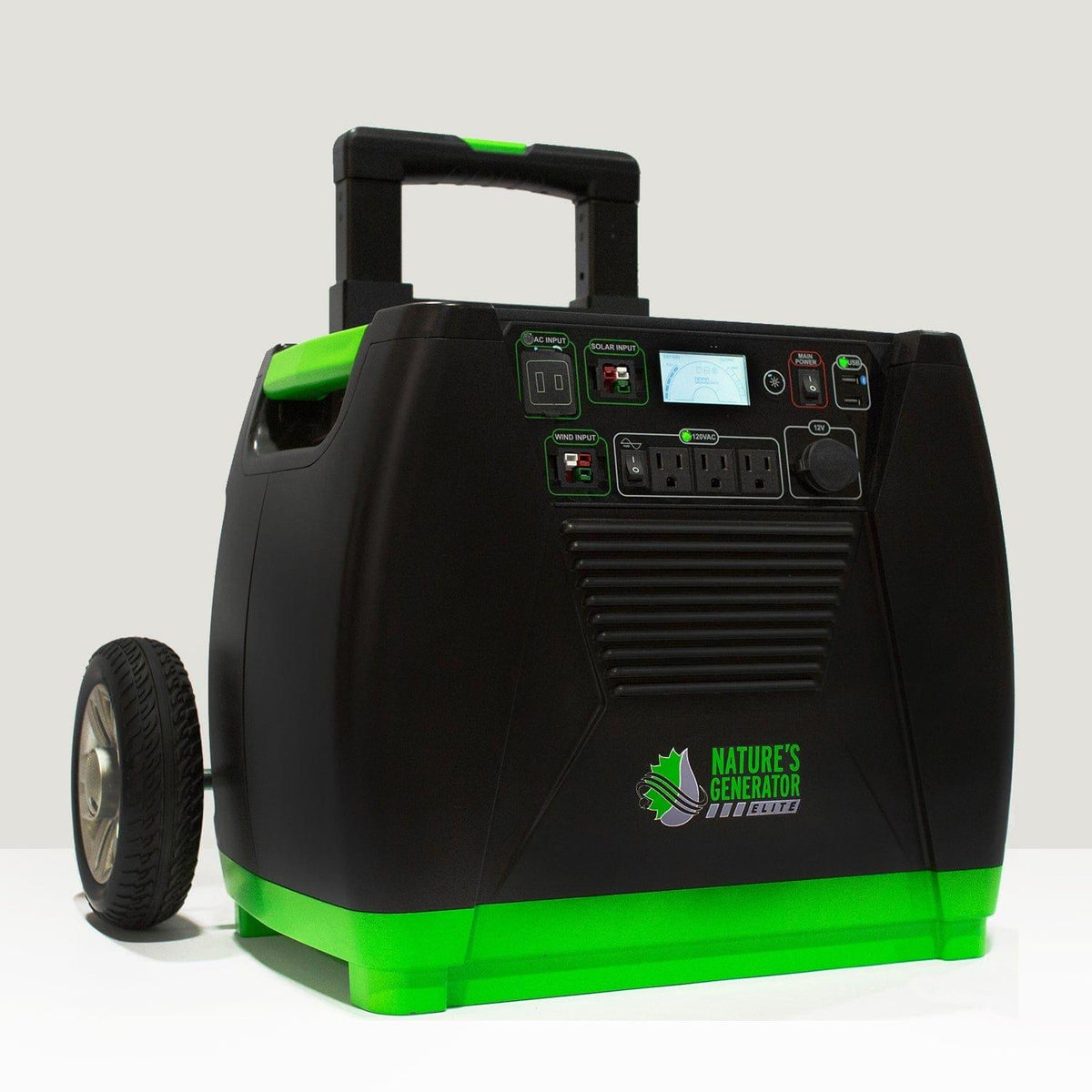 Black and green portable power station with 'Nature's Generator' branding on a white background