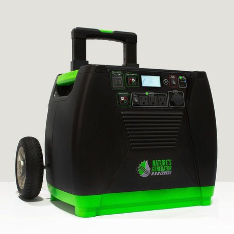 Black and green portable power station with 'Nature's Generator' branding on a white background