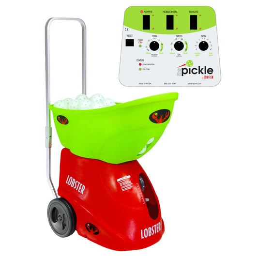 A red and green Lobster pickleball machine with a ball hopper on top and control panel displayed.
