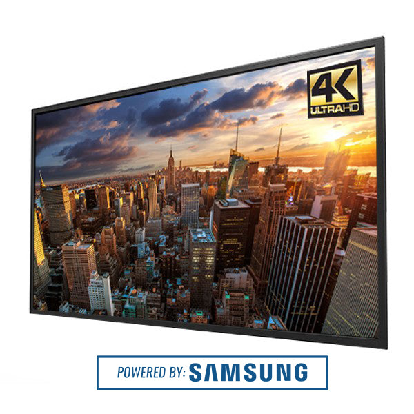 Samsung 4K Ultra HD television displaying a cityscape with 'Powered by Samsung' text.