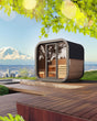 SaunaLife CL5G outdoor cube sauna with glass front in a landscaped setting
