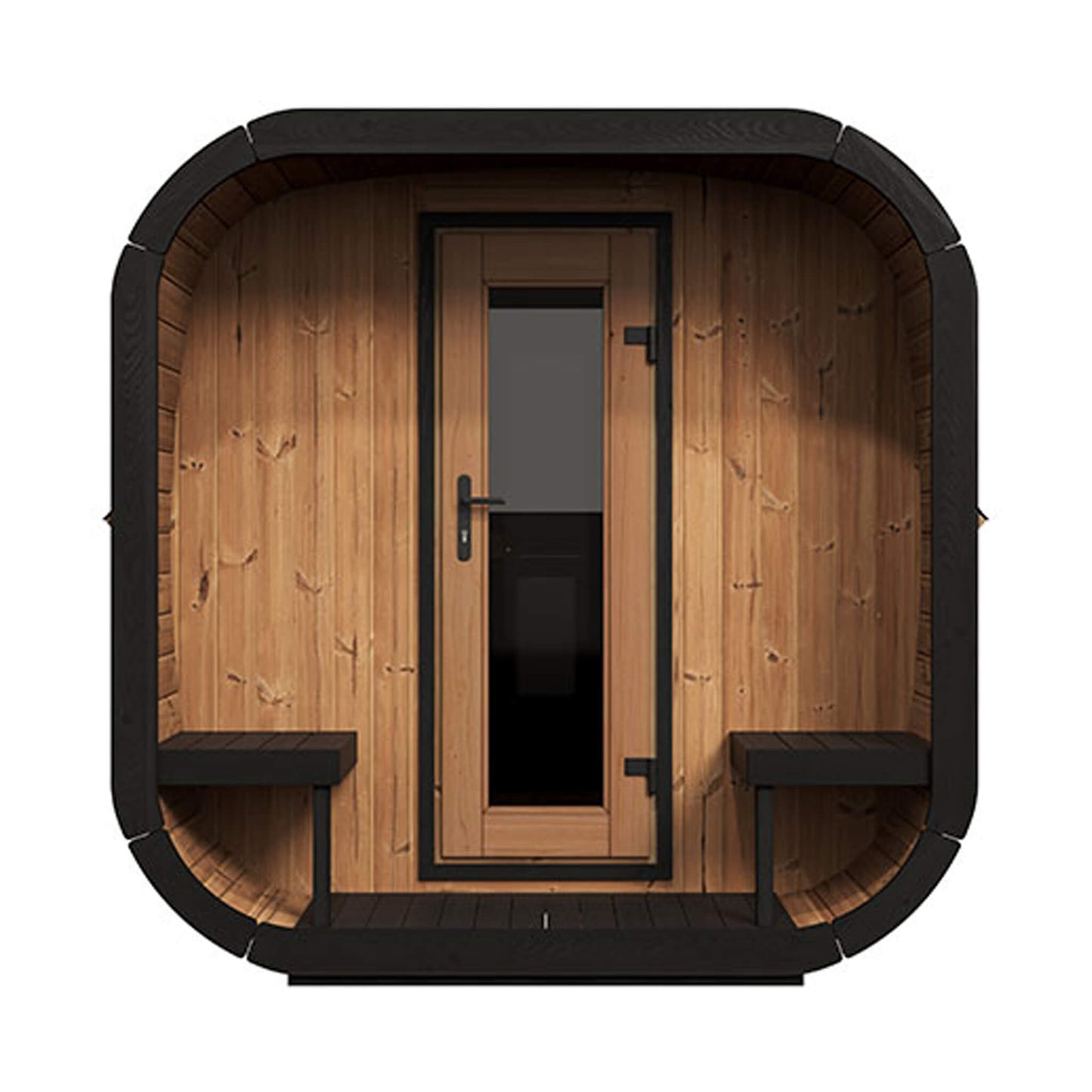 Wooden sauna with black trim on a white background