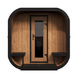 Wooden sauna with black trim on a white background