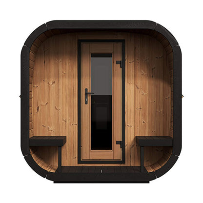 Wooden sauna with black trim on a white background