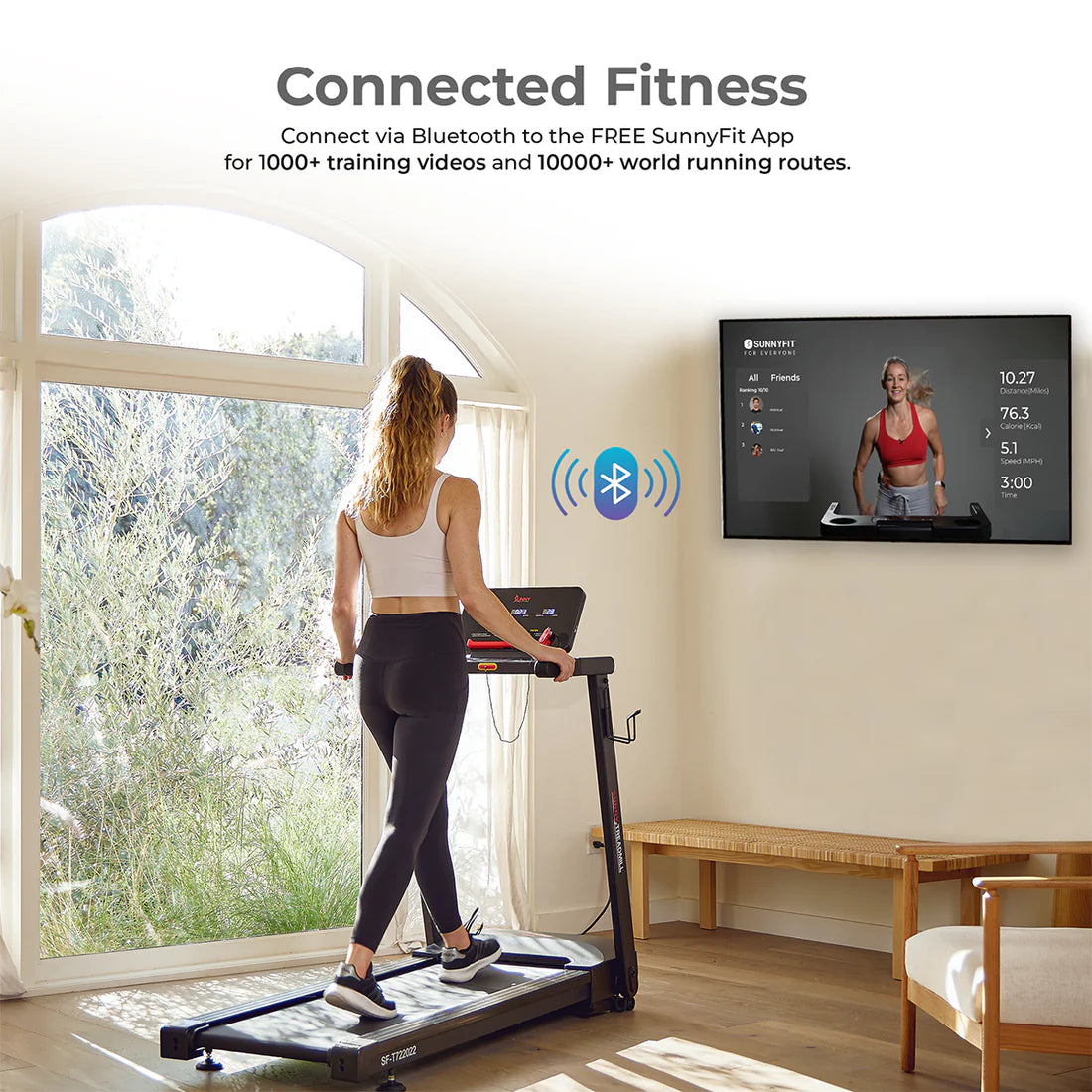 Sunny Health & Fitness Interactive Slim Auto Incline Treadmill with Bluetooth