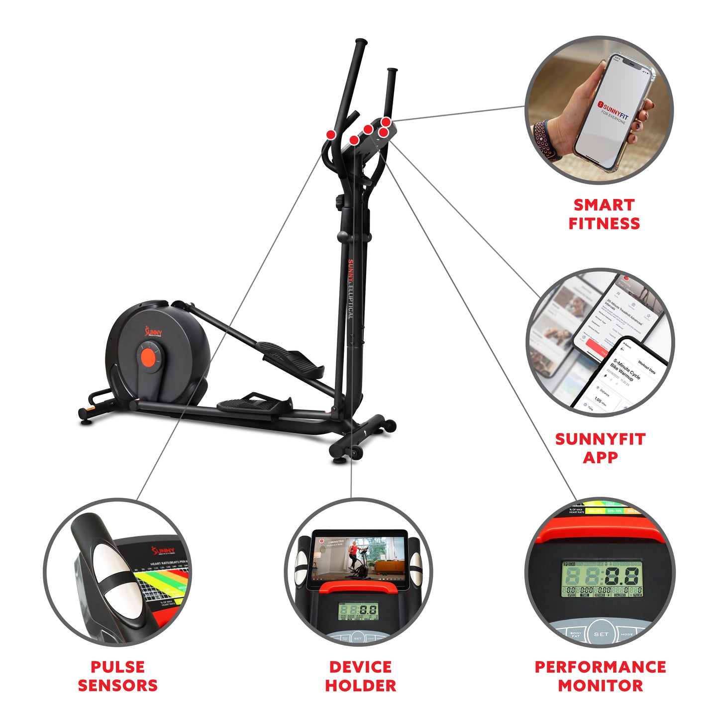 Sunny Health & Fitness Power Stride Smart Elliptical Cross Trainer Machine