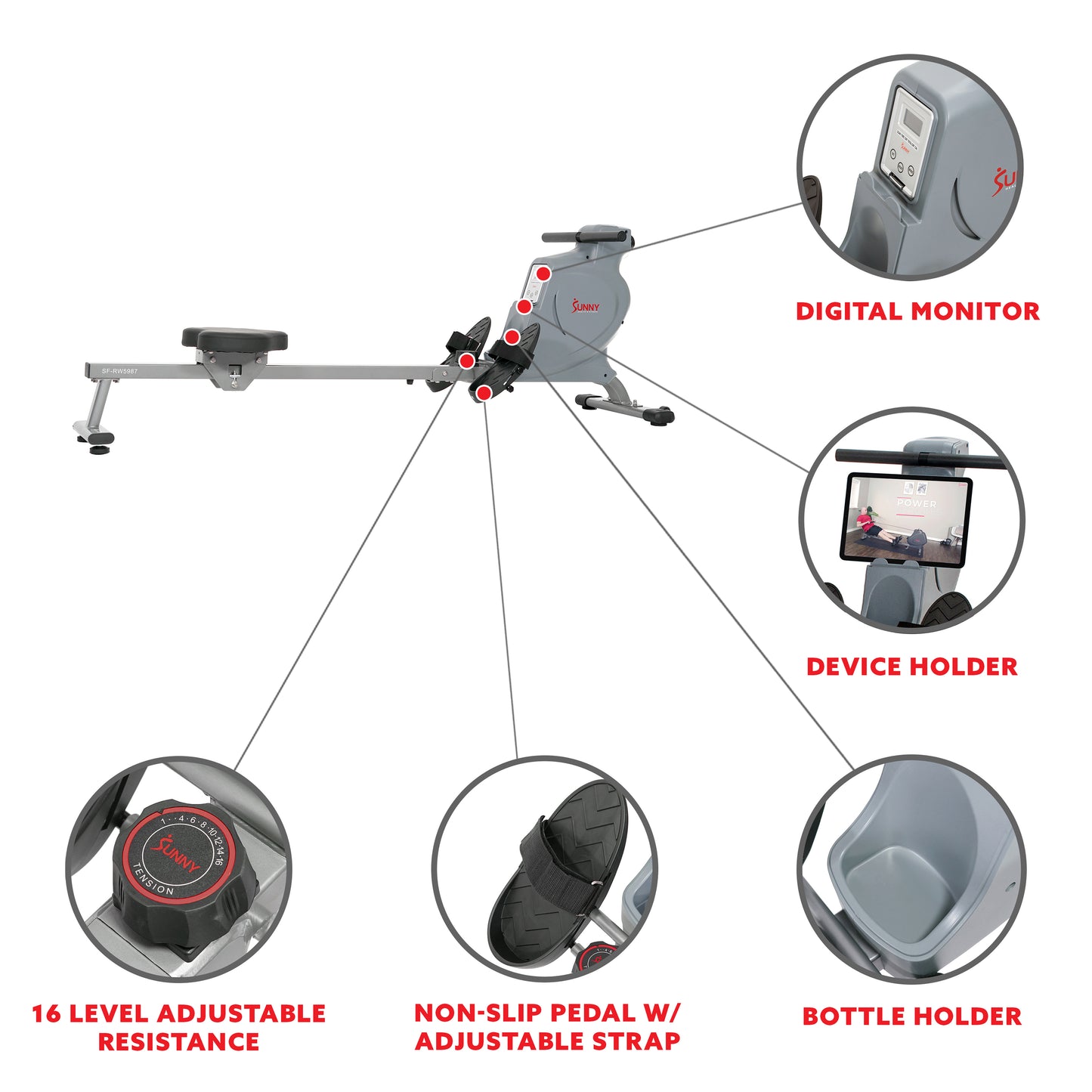 Sunny Health & Fitness Space Efficient Convenient Magnetic Rowing Machine