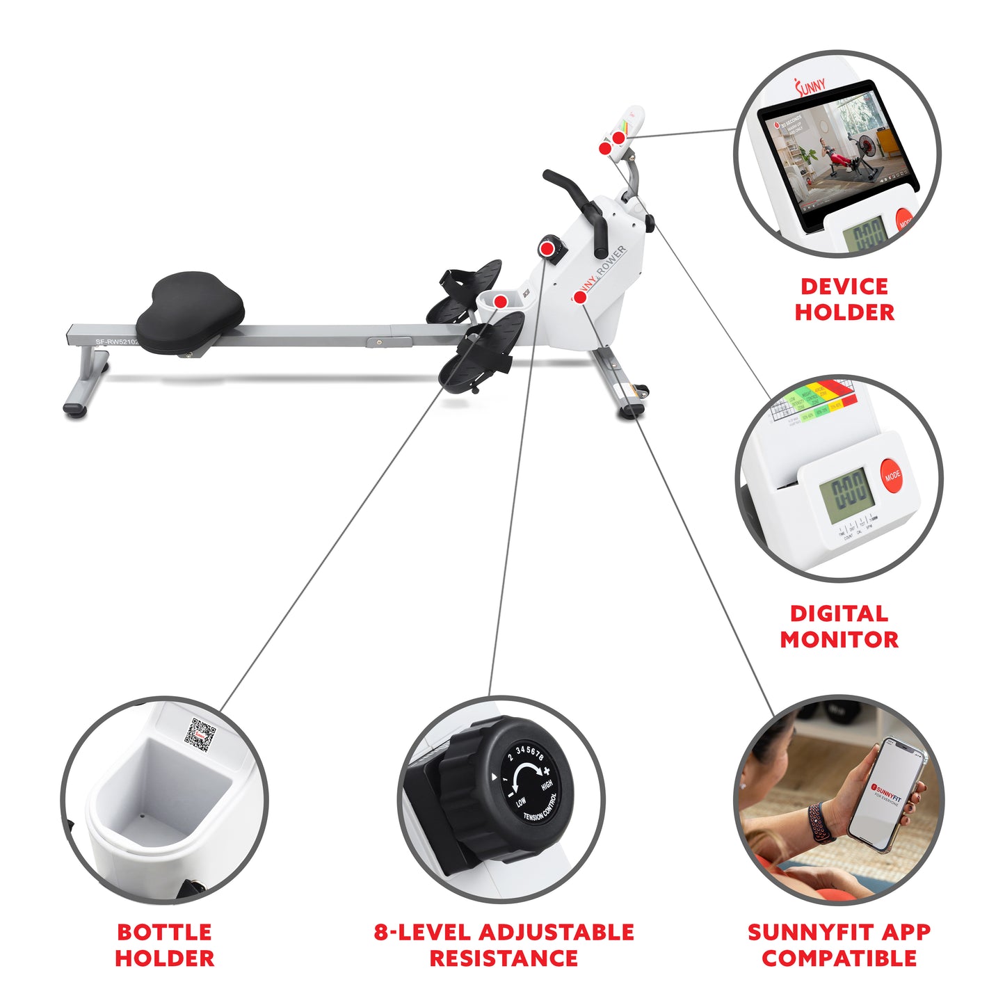 Sunny Health & Fitness SMART Compact Foldable Magnetic Rowing Machine with Bluetooth Connectivity