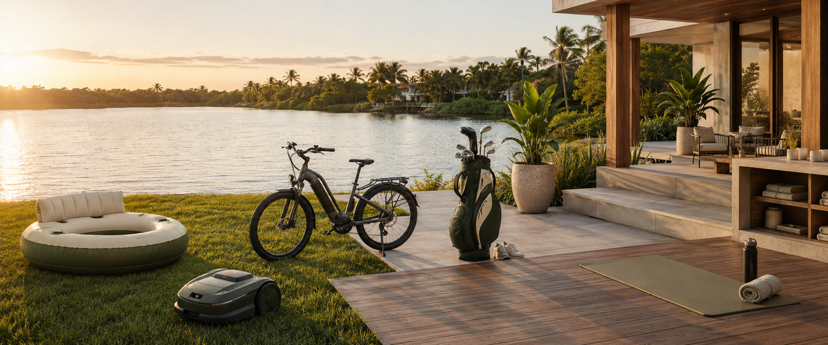 Premium outdoor, wellness and recreation gear at a waterfront home