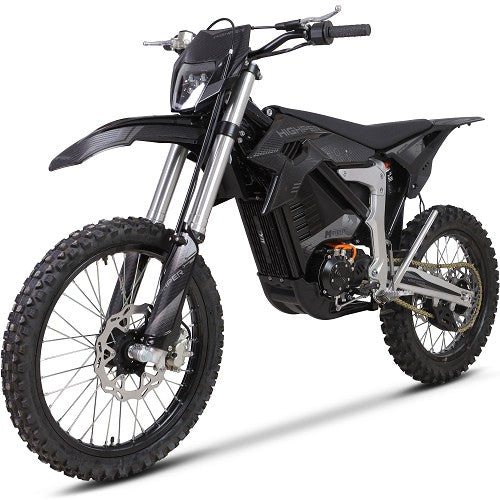 MotoTec Venom electric dirt bike front view – LED headlight, aluminum alloy 7075 steering, 80/100-21 front tire