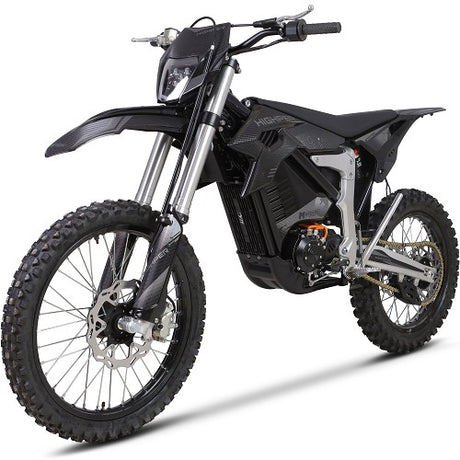MotoTec Venom electric dirt bike front view – LED headlight, aluminum alloy 7075 steering, 80/100-21 front tire