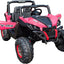Close-up of MotoTec Mini Moto UTV’s leather seat and Bluetooth dashboard