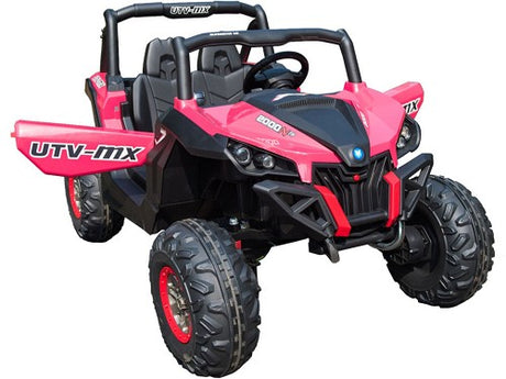 Close-up of MotoTec Mini Moto UTV’s leather seat and Bluetooth dashboard