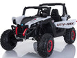 MotoTec Mini Moto UTV 4x4 12v in white driving on grass with child at the wheel

