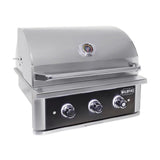 Stainless steel grill with three control knobs on a white background
