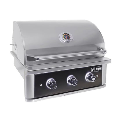 Stainless steel grill with three control knobs on a white background