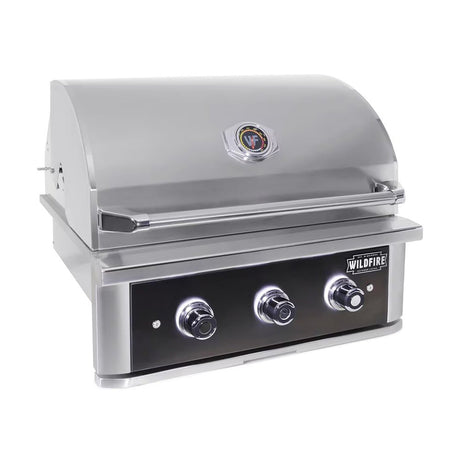 Stainless steel grill with three control knobs on a white background