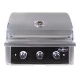 Stainless steel grill with Wildfire logo on a white background