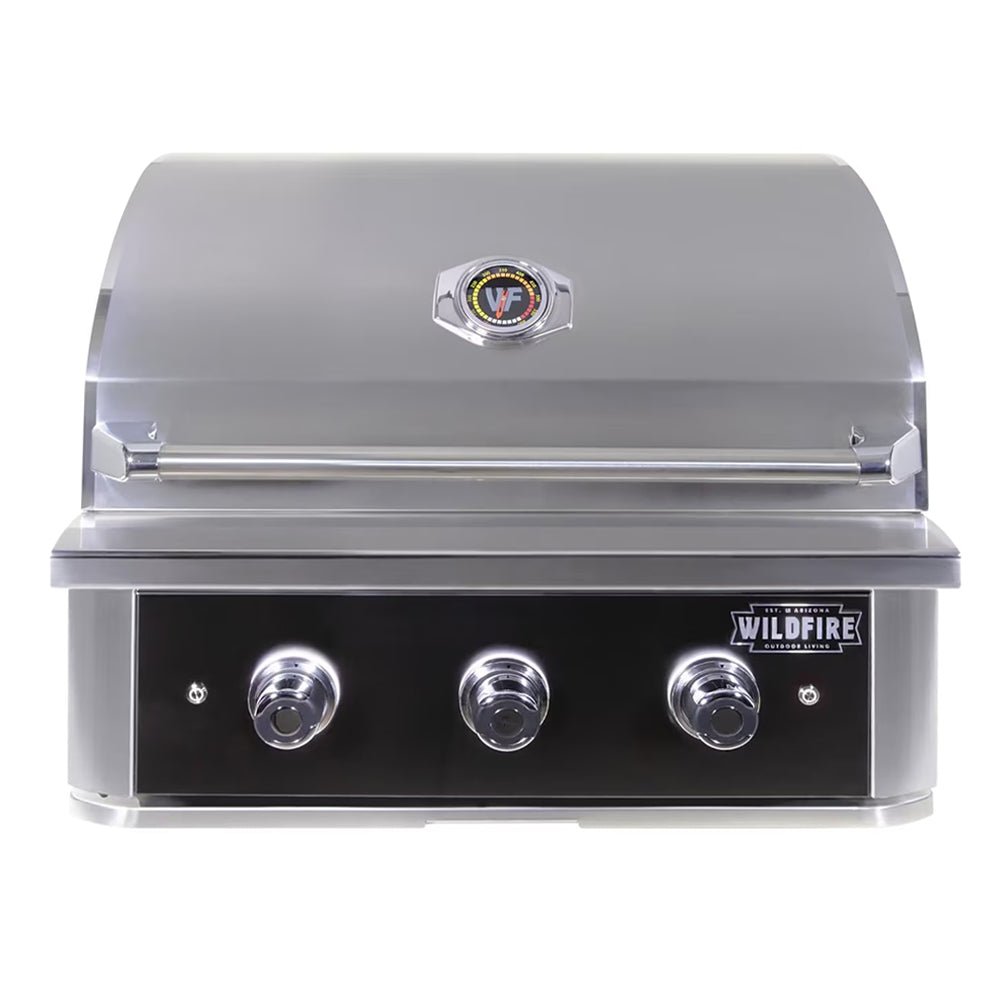 Stainless steel grill with Wildfire logo on a white background