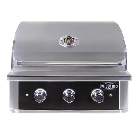 Stainless steel grill with Wildfire logo on a white background