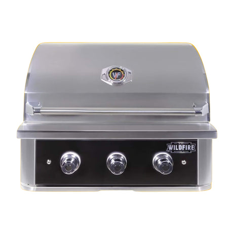 Stainless steel grill with 'Wildfire' branding on an orange background