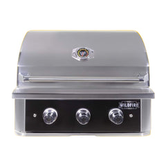 Stainless steel grill with 'Wildfire' branding on an orange background